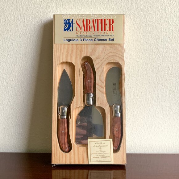 New Vintage Deadstock SABATIER Laguiole 3 Piece Rosewood Cheese Set in Wood Tray - Picture 2 of 16
